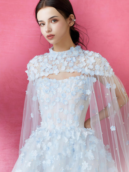 Celestial Blue Floral Appliqué Tulle Ball Gown with Sheer Cape