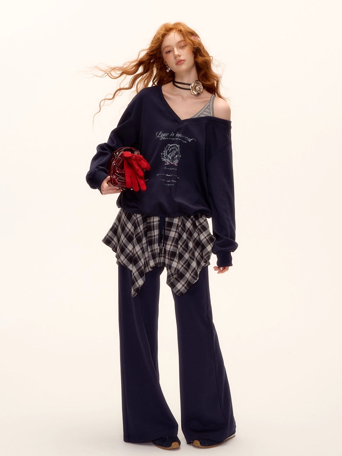 Asymmetric Shoulder Striped Fleece Tracksuit Set