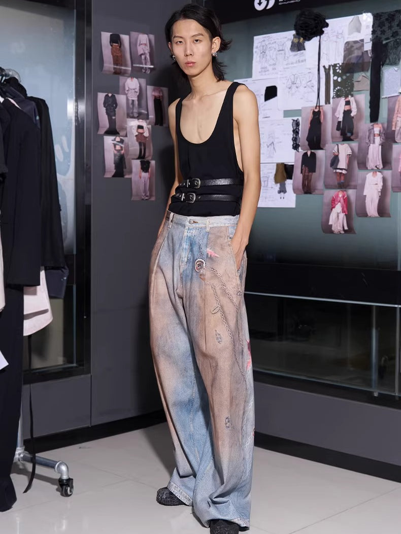 3D Ocean Print Oversized Denim Pants