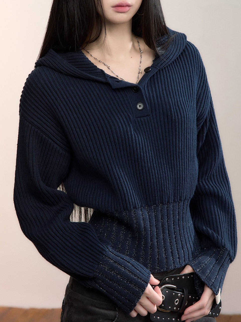 Ribbed Hooded Knit Pullover Sweater