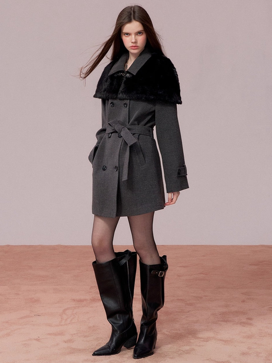 Faux-Fur Cape-Style Wool Coat