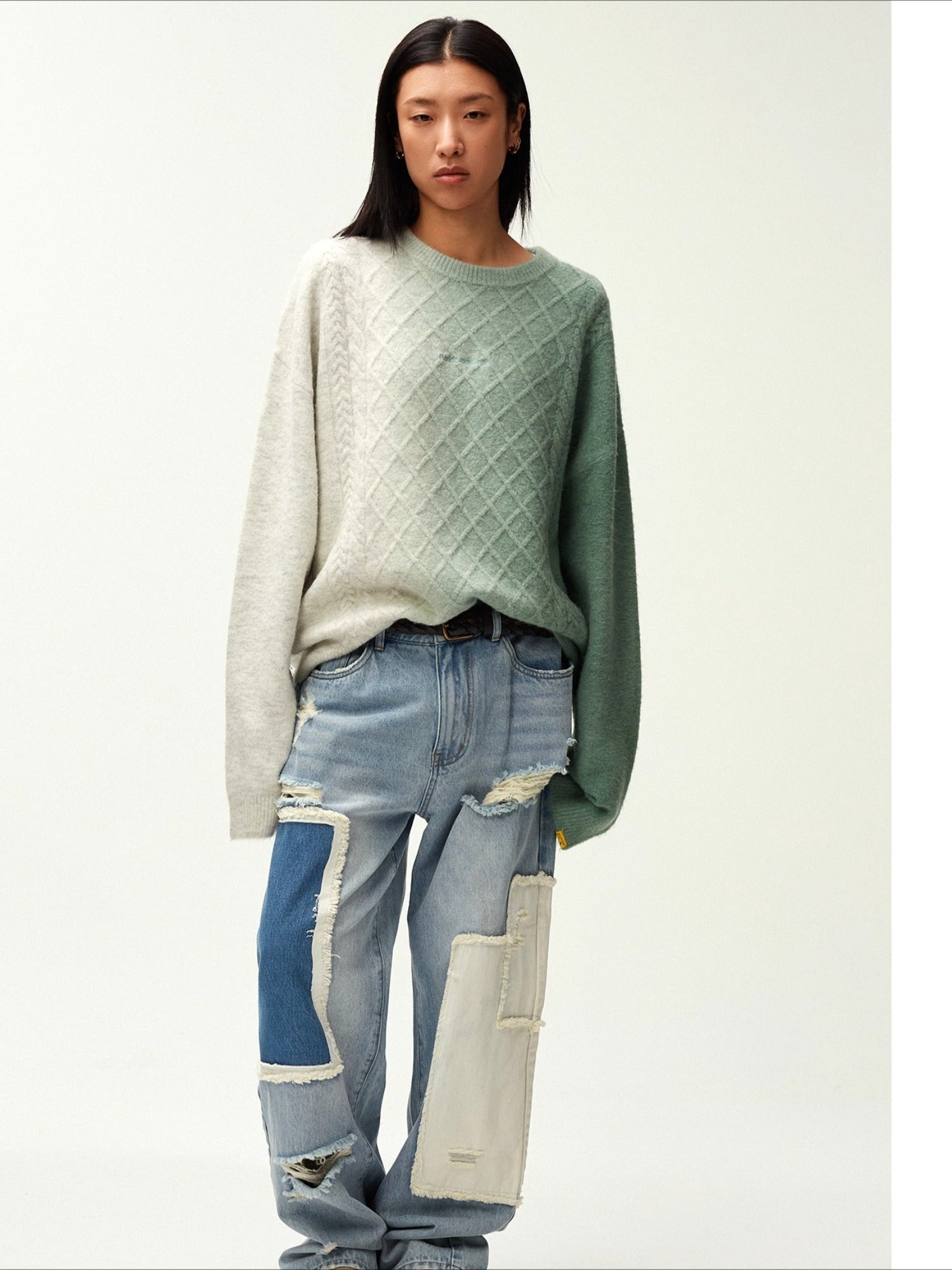 Asymmetric Patchwork Distressed Straight-Leg Jeans