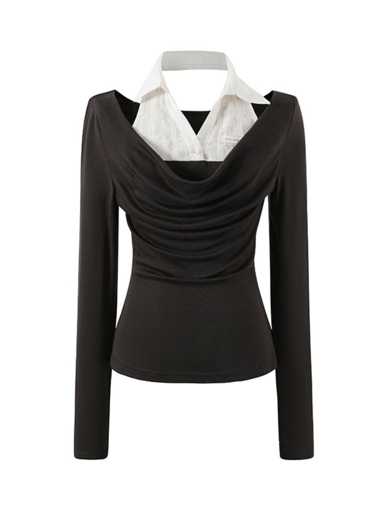 Fake Two-Piece Draped Neck Knit Top - CHINASQUAD