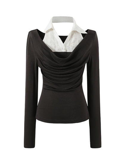 Fake Two-Piece Draped Neck Knit Top - CHINASQUAD