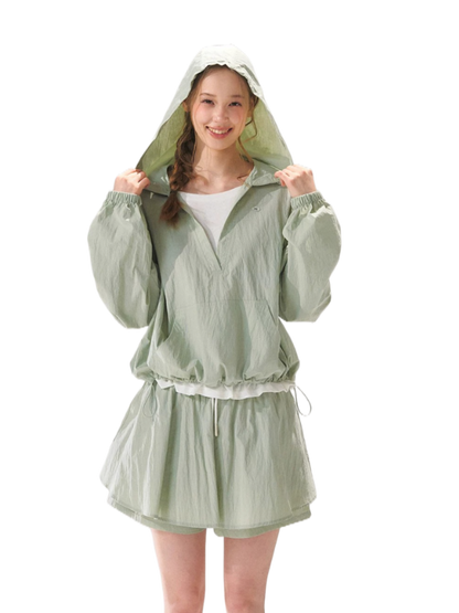 Hooded Drawstring Sun-Protective Jacket &amp; A-Line Skirt Set