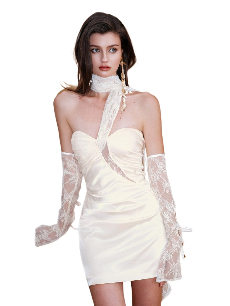 Satin and Lace Ruffle Sleeve Short Skirt