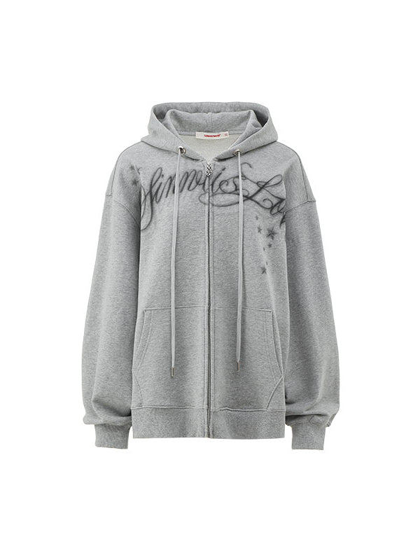 Spray-painted Letter Print Loose Zip-up Hoodie