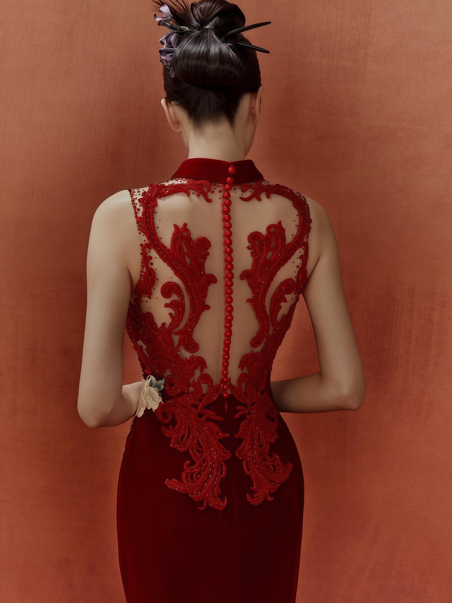 Crimson Embroidered Illusion Back Cheongsam Dress