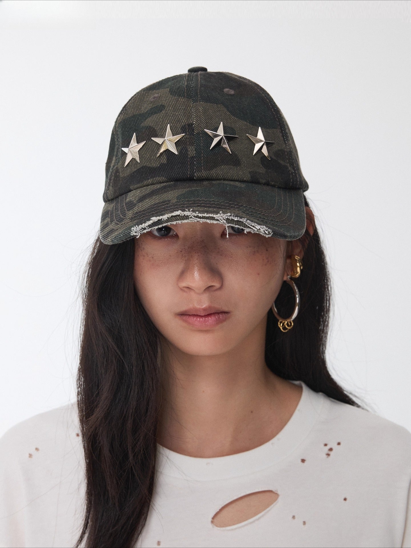 Distressed Star-Studded Camouflage Baseball Cap