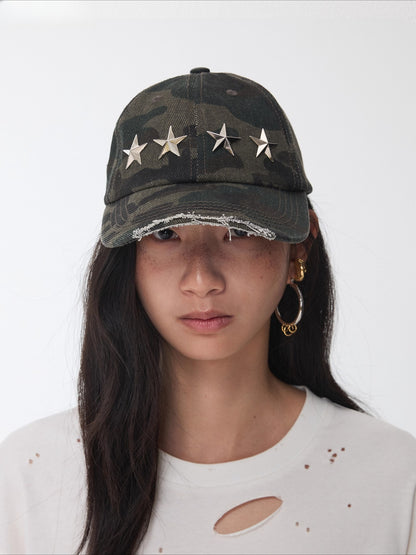 Distressed Star-Studded Camouflage Baseball Cap