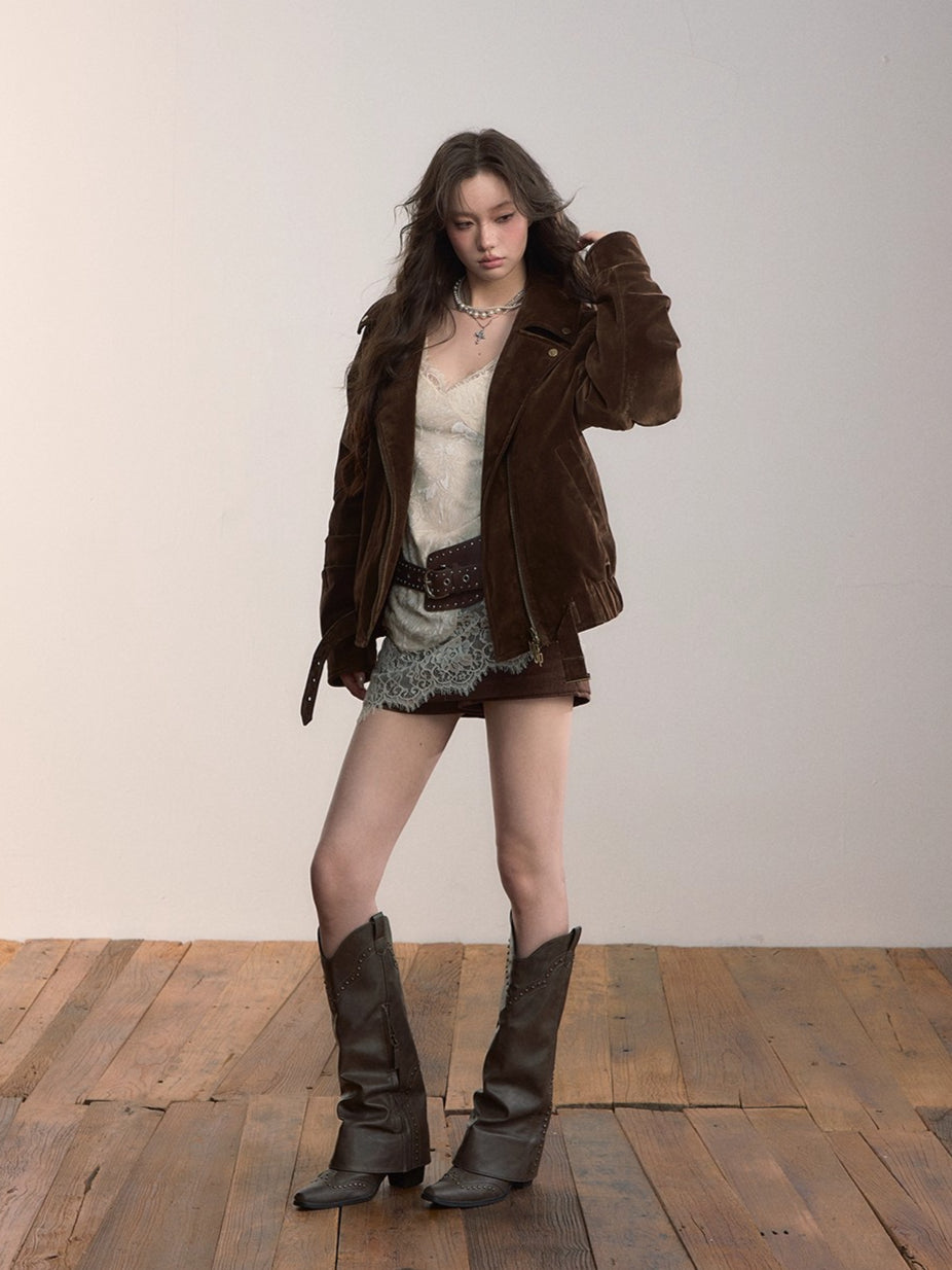 Belt Detail Retro Corduroy Down Jacket