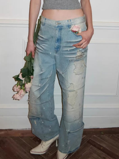 Washed Distressed Low-Rise Straight-Leg Jeans