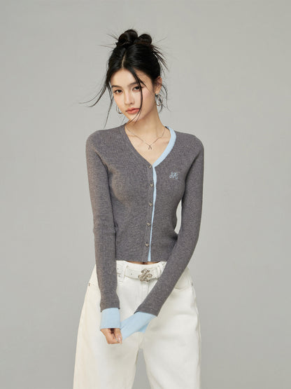 Contrast V-Neck Knit Cardigan