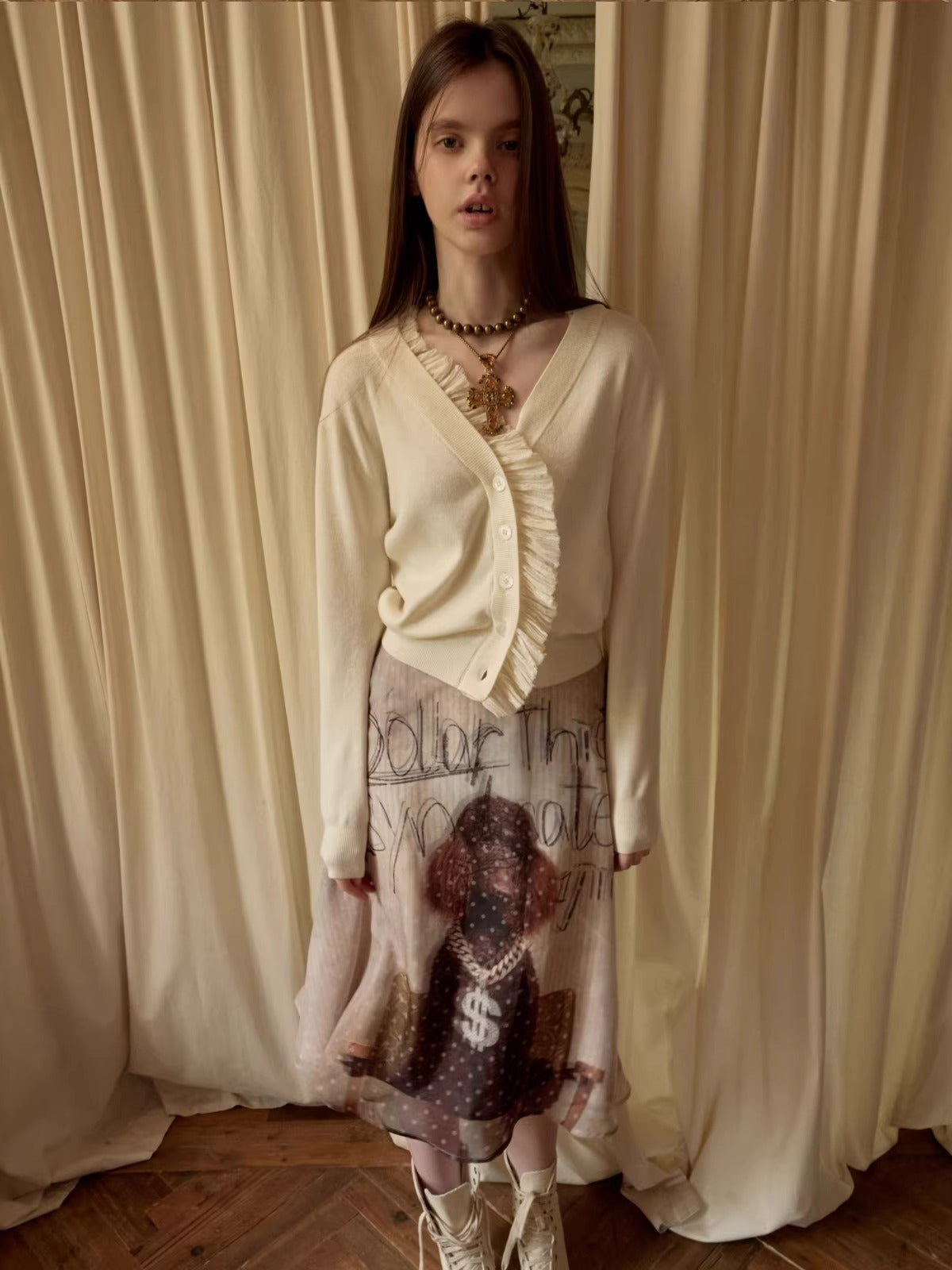 Ruched Trim Acetate-Blend Knit Cardigan