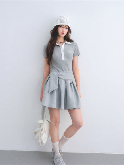 Contrast Polo Collar Puff Dress Two-Piece Set