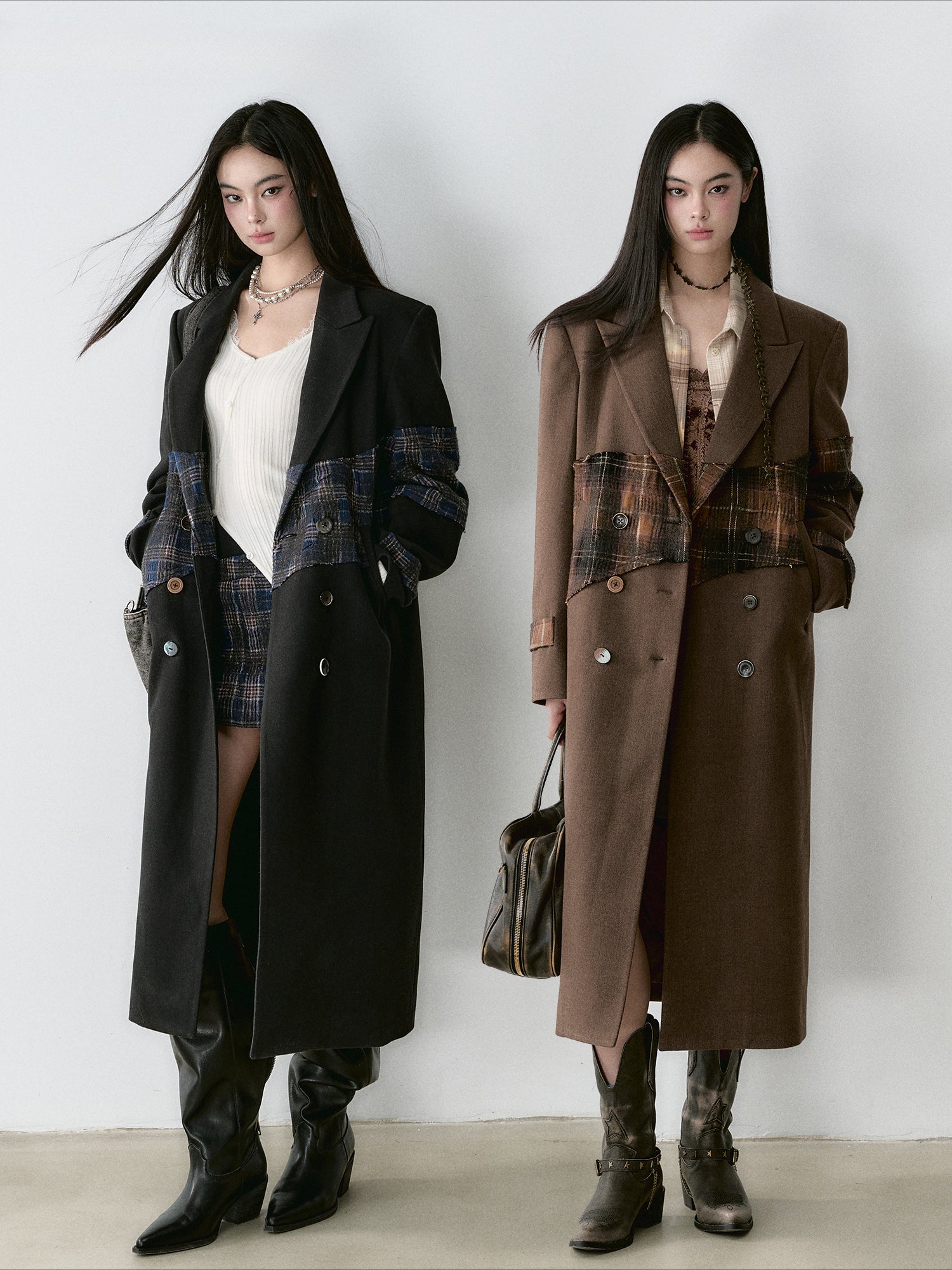 Wool Blend Plaid Patchwork French Coat