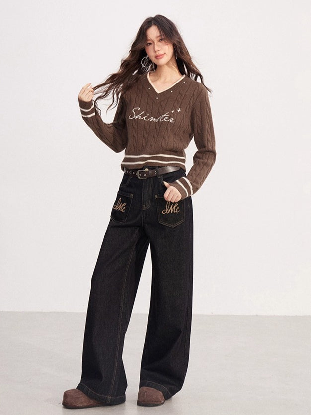 Embroidered Vintage Wide-Leg Denim Pants