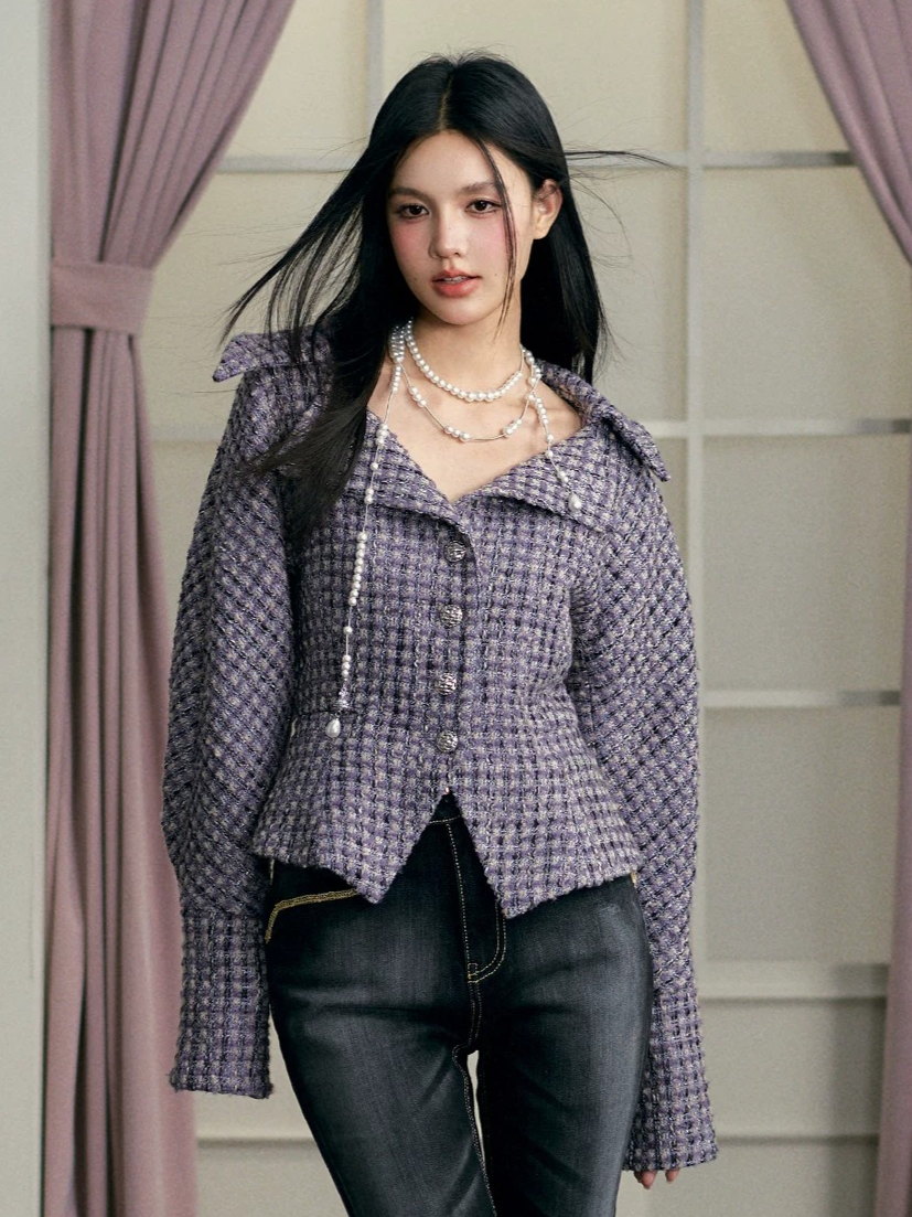 Purple Shawl Collar Knit Jacket