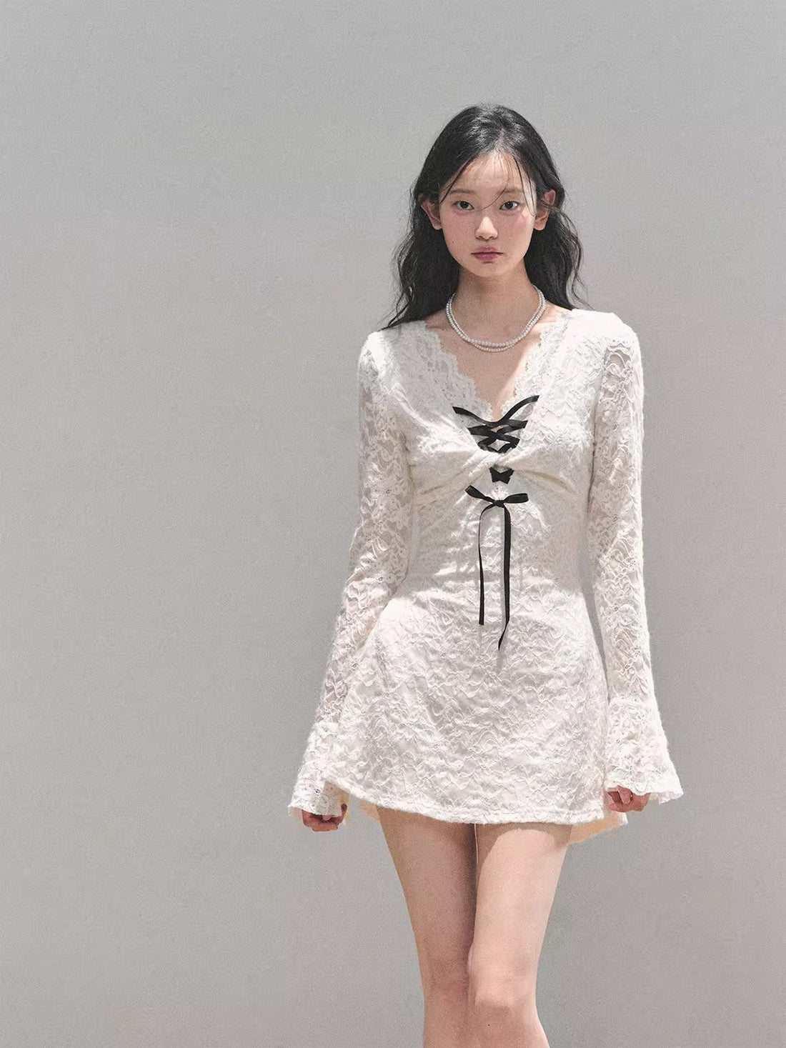 Lace Puff-Skirt V-Neck Mini Dress