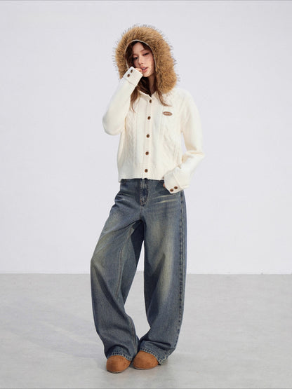 Detachable-Fur Cable-Knit Hoodie