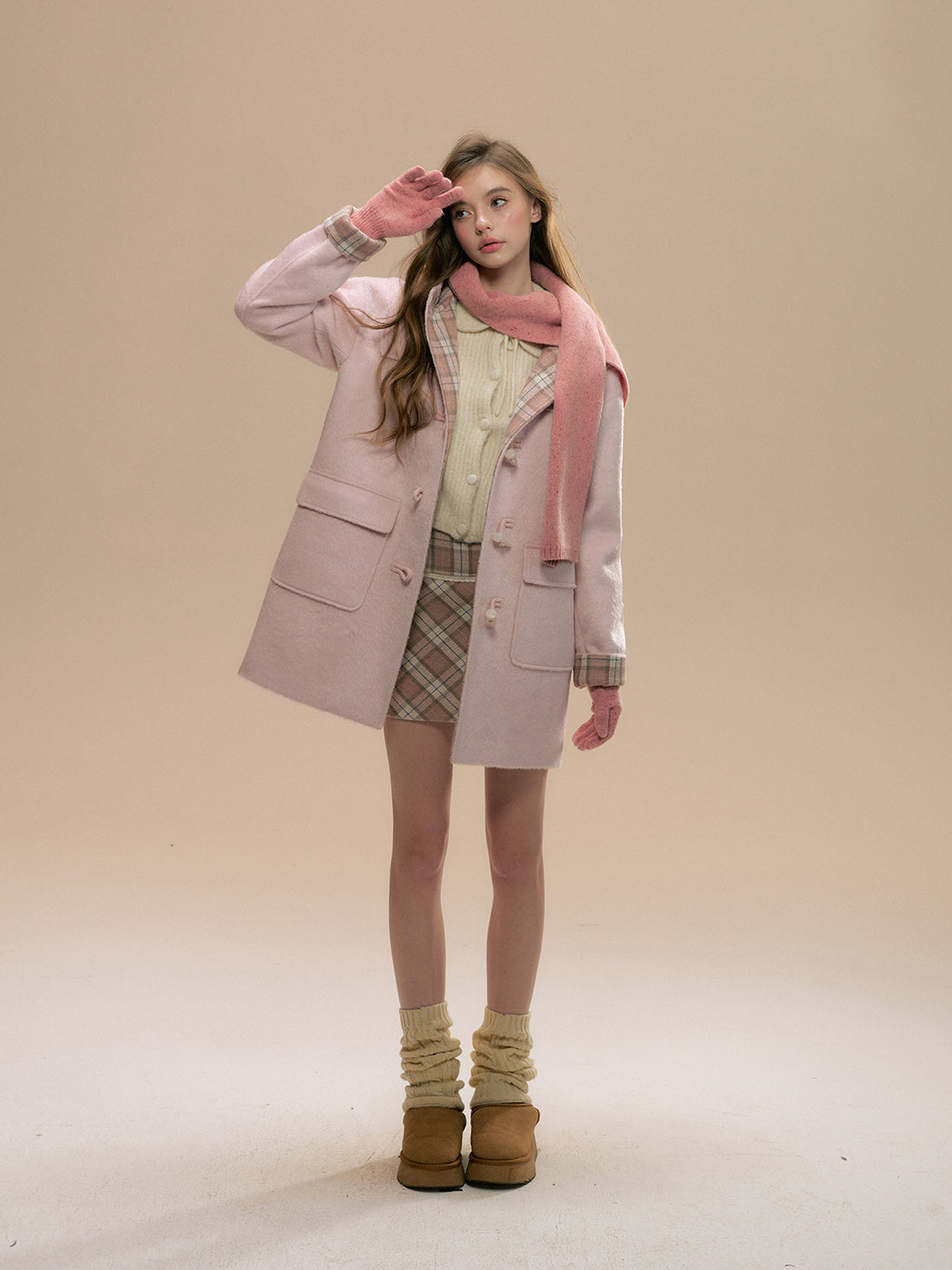 Pink Plaid Horn-buttoned Coat