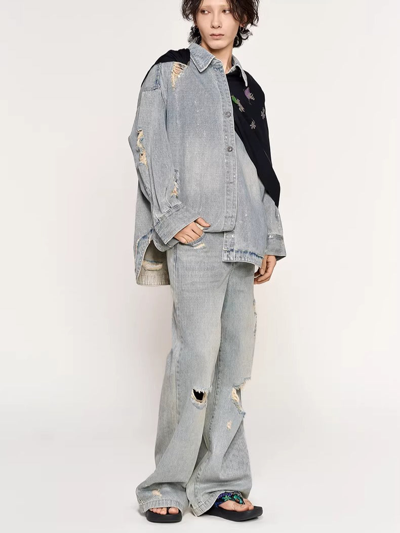 Silver-Foil Double-Waist Denim Pants