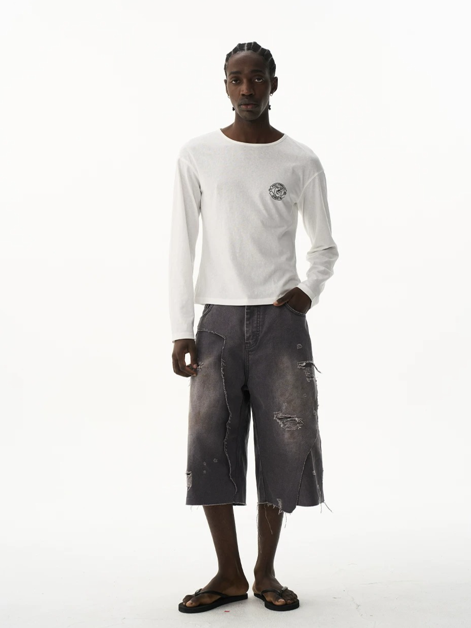 Distressed Double-Layer Washed Grey Shorts