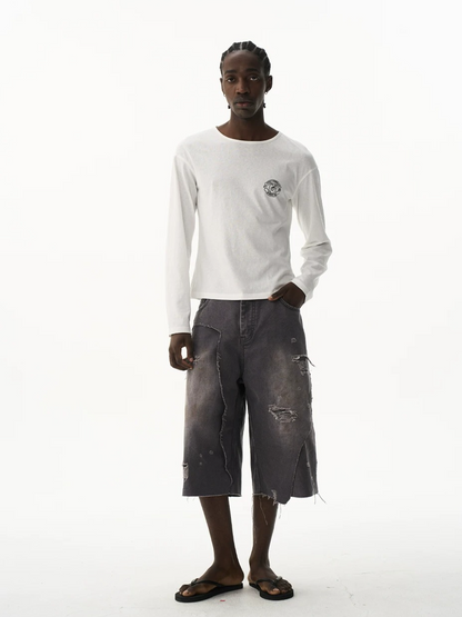 Distressed Double-Layer Washed Grey Shorts