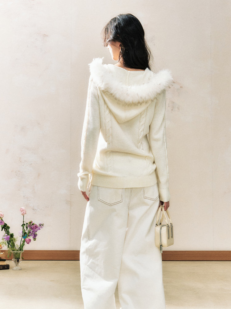 White Hooded Sweater Inner Fitted Knit Cardigan