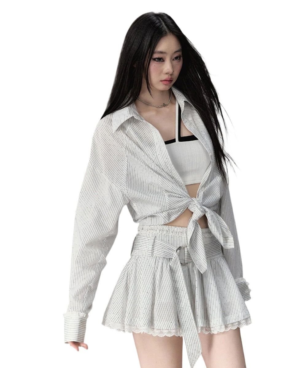 Shiny Rhinestone Striped Lace Patchwork Shirt &amp; Skirt - CHINASQUAD