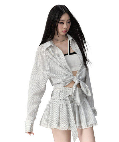 Shiny Rhinestone Striped Lace Patchwork Shirt &amp; Skirt - CHINASQUAD
