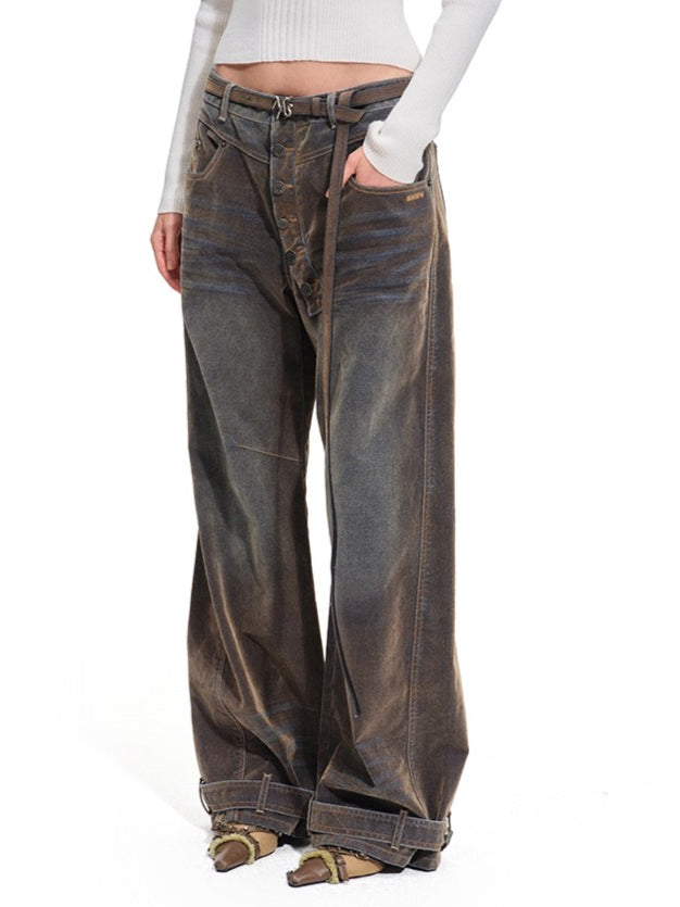 Terracotta Velvet-Washed Wide-Leg Jeans