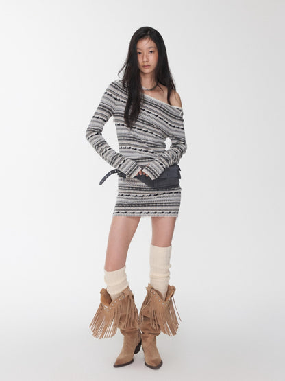 Fair Isle Off-Shoulder Jacquard Knit Dress