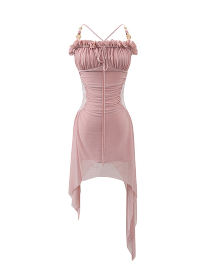 Elastic Mesh Printed Beaded Dress
