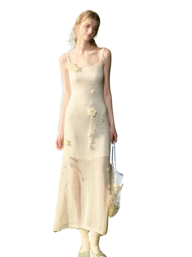 Solid Color Knitted Flower Pure White Dress
