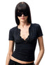 Floral Letter V-Neck Hidden Zip Hot-Fix T-Shirt - CHINASQUAD