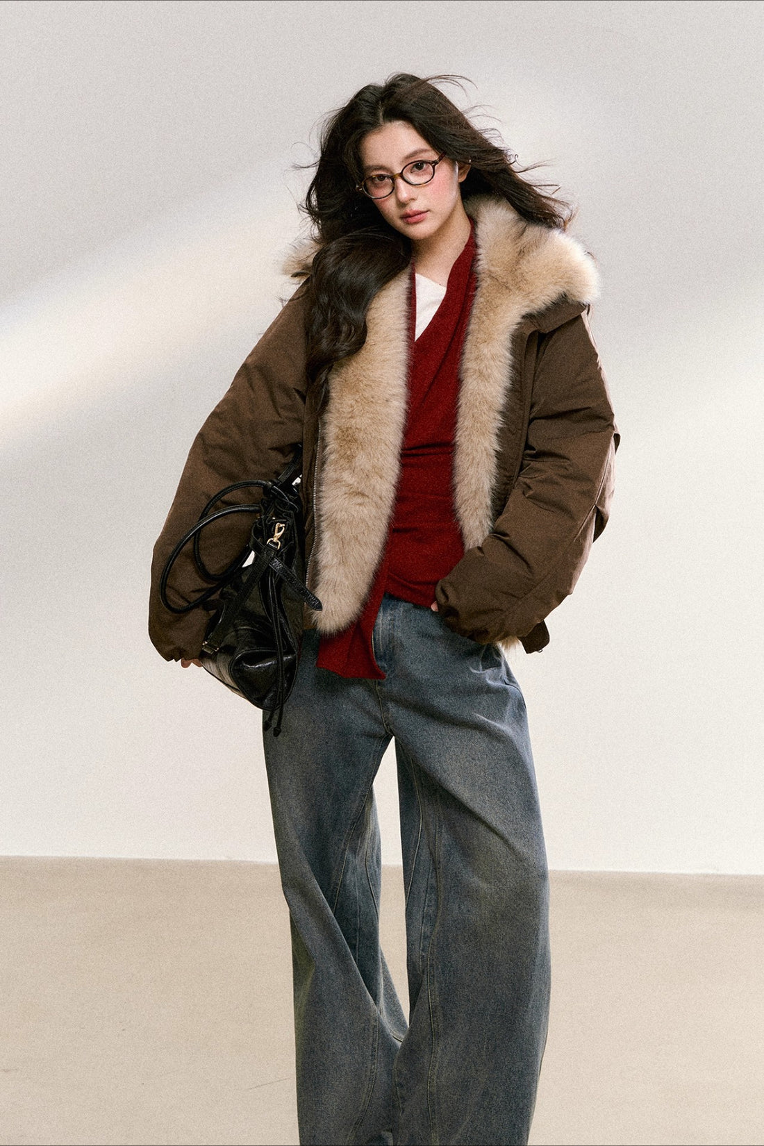 Two-Tone Faux Fur Collar Padded Jacket
