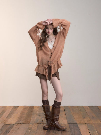 Drawstring Openwork Wool Knit Cardigan