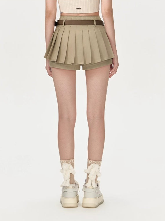 High-Waist Pleated Belted Skirt