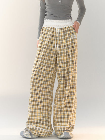 Lace-Trimmed Plaid Wide-Legged Pants