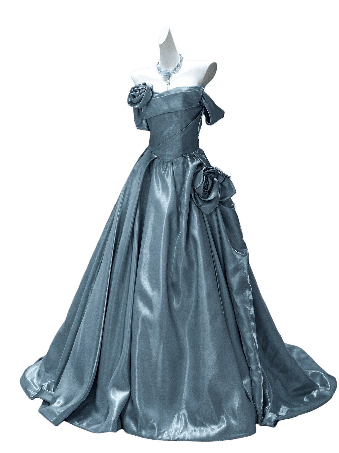Satin Off-Shoulder Gown with Sculpted Roses