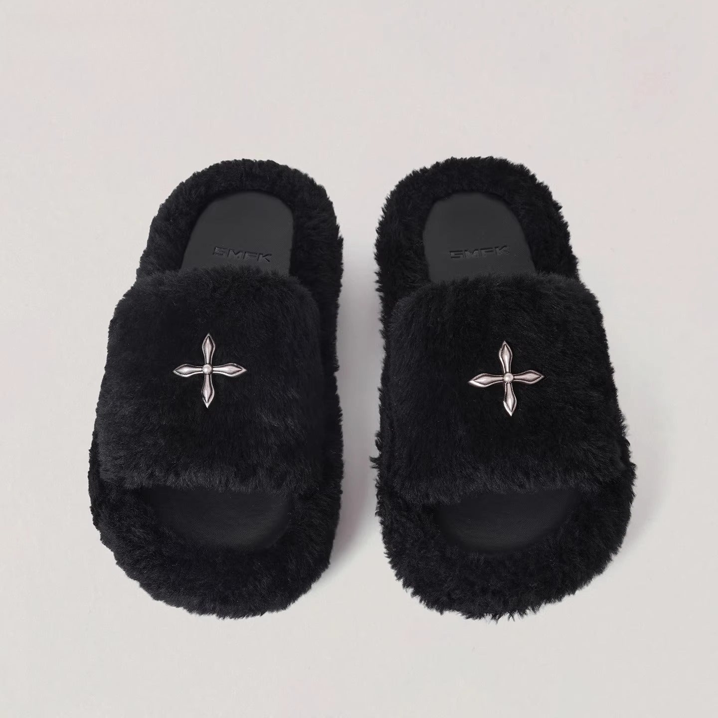 Cross Emblem Shearling Slide Sandals