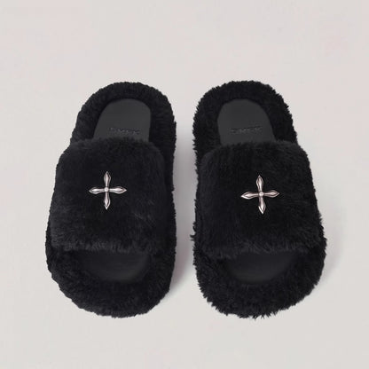 Cross Emblem Shearling Slide Sandals