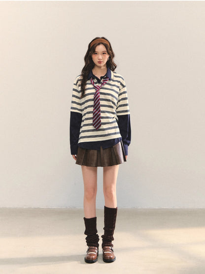 Coffee A-Line Belted Pleated Leather Skirt