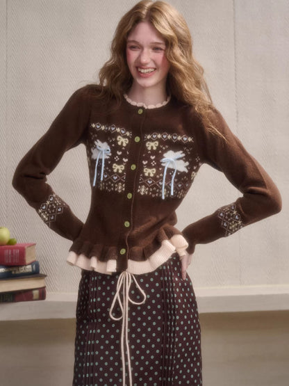 Fair Isle Knit Cardigan &amp; Polka Dot Skirt Set