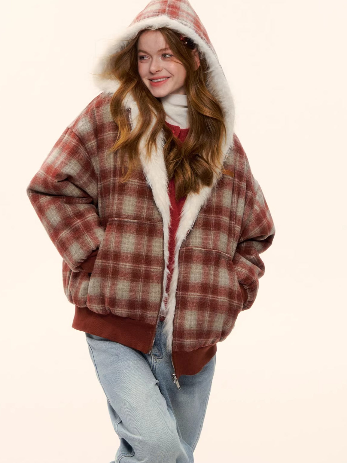 Reversible Plaid Teddy Fur Jacket