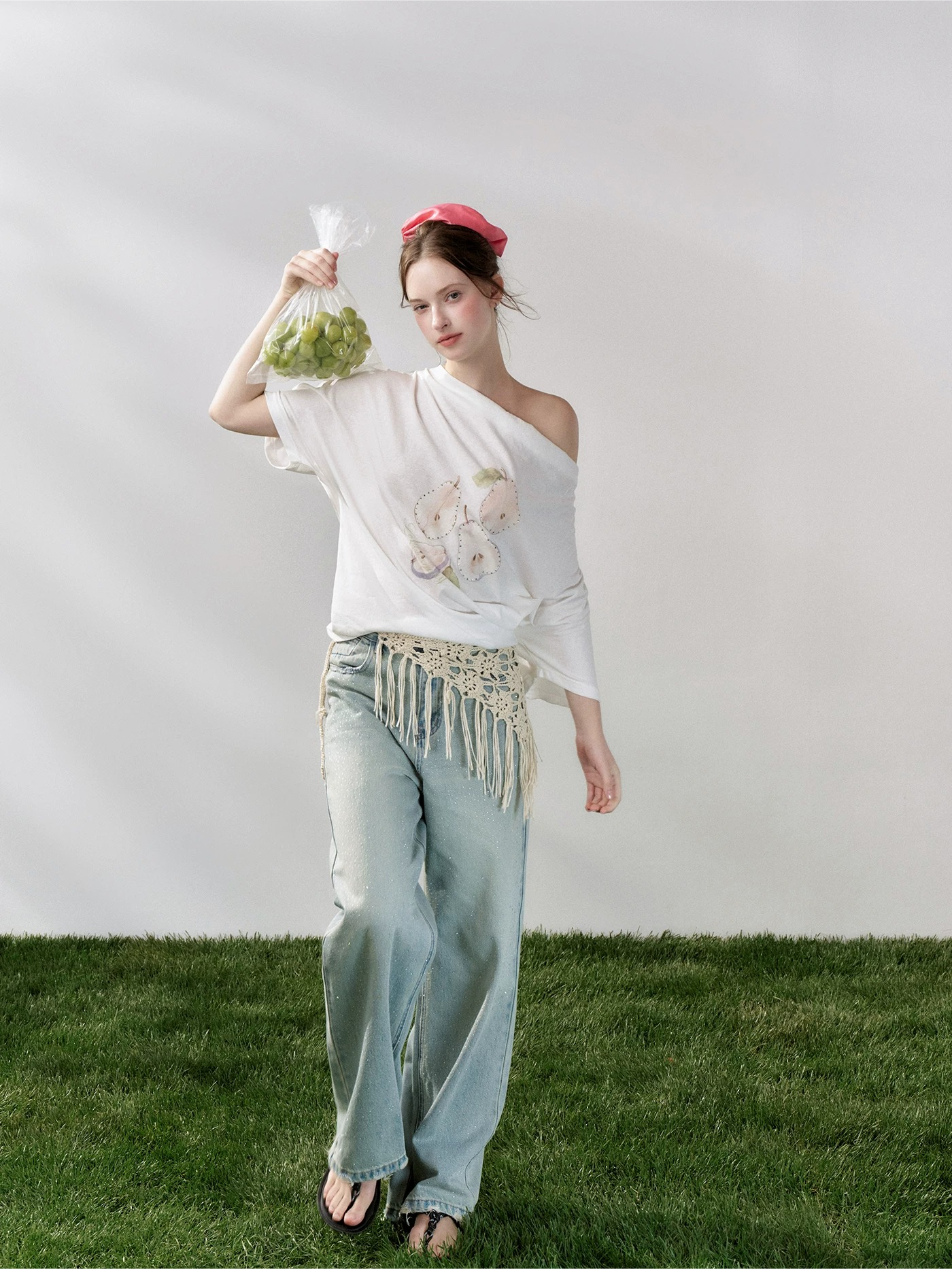 Pear Embellished Draped Off-Shoulder Relaxed T-Shirt