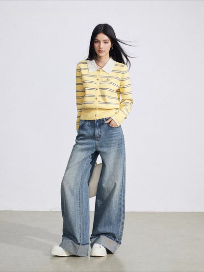 Vintage Wash Embroidered Wide-Leg Jeans