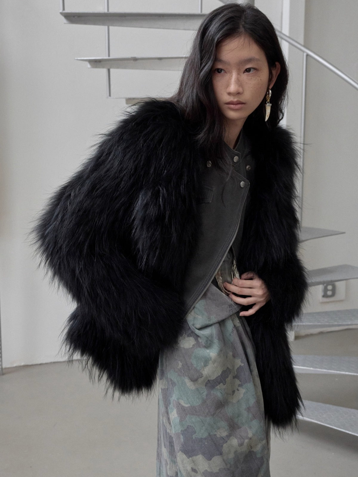 Raccoon Fur Oversized Lapel Woven Coat