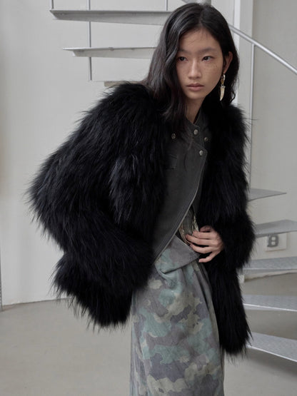 Raccoon Fur Oversized Lapel Woven Coat